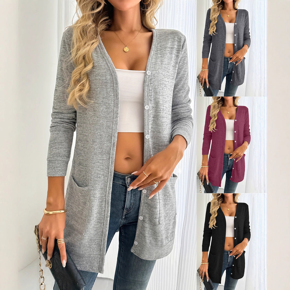 Solid-color Loose-fitting Long-sleeve Cardigan With Pockets – Premium 0 | RICALOUX