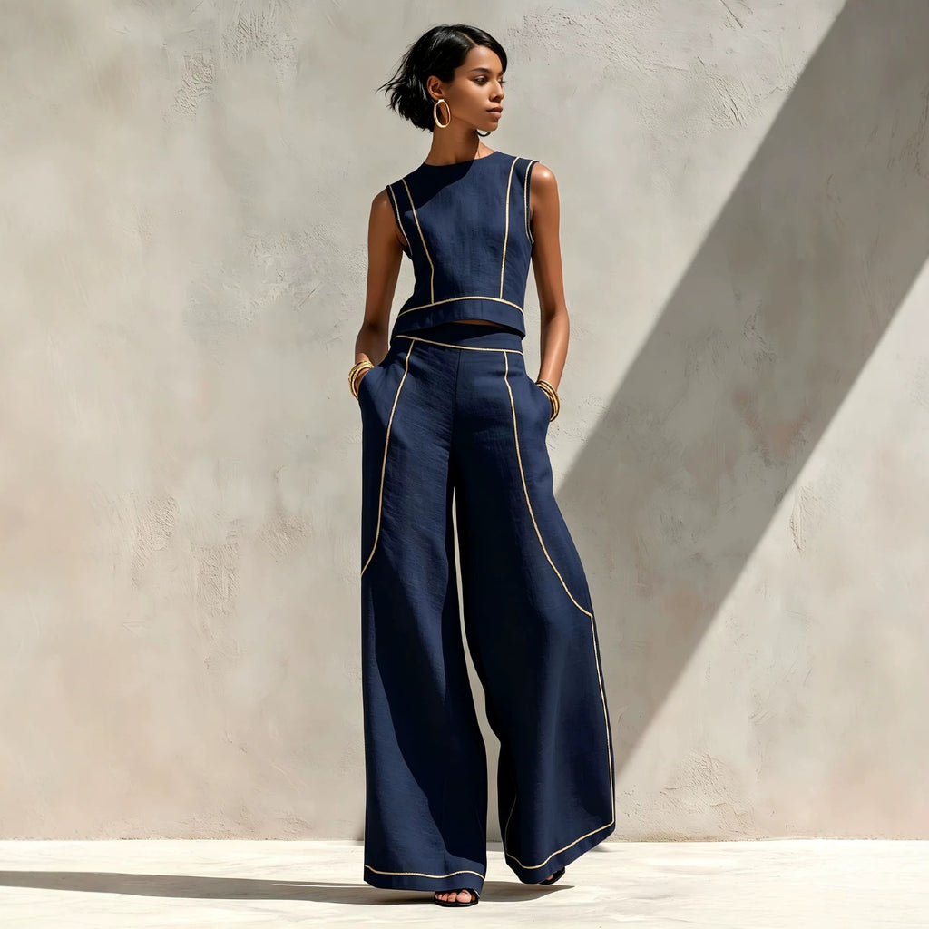 Sleeveless Color-Block Wide-Leg Pants Set Womens Summer Casual Chic Two-Piece Outfit by Ricaloux