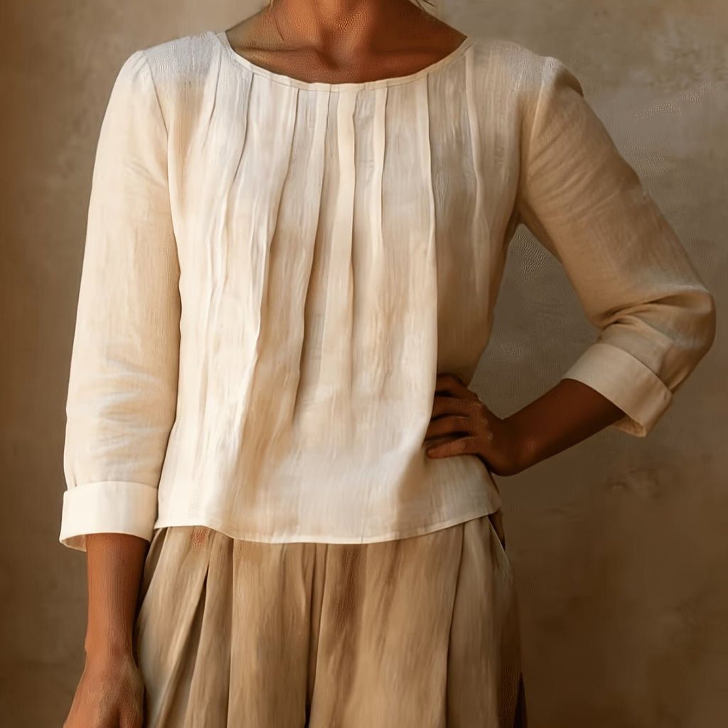 Womens Cotton-linen Top Loose-fit Round-neck Shirt – Premium 0 | RICALOUX