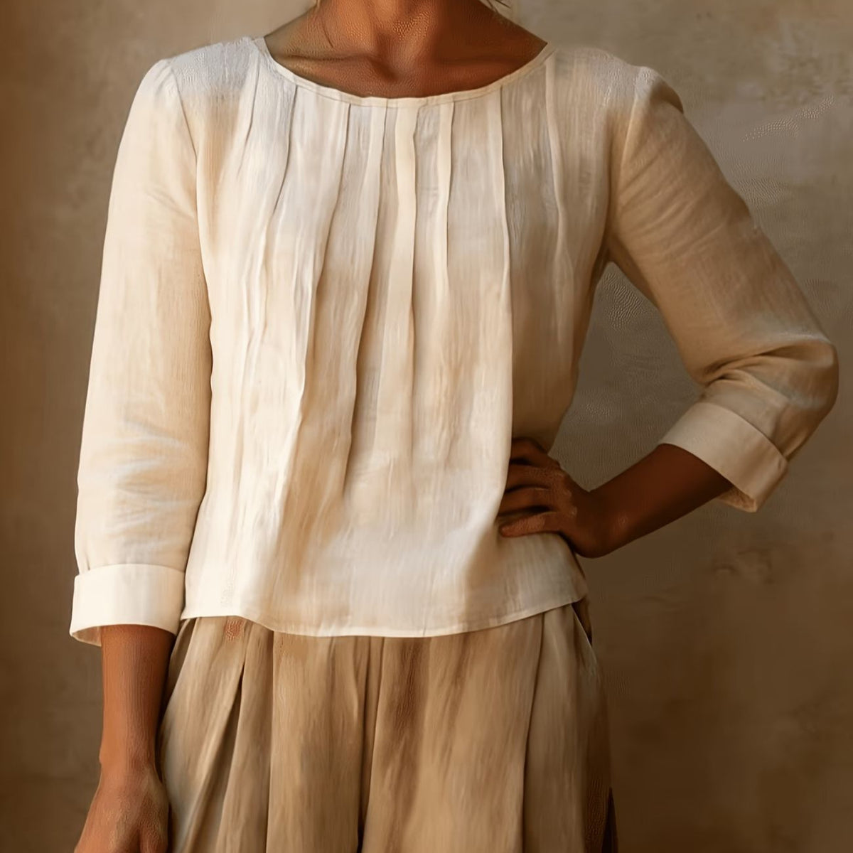 Womens Cotton-linen Top Loose-fit Round-neck Shirt – Premium 0 | RICALOUX