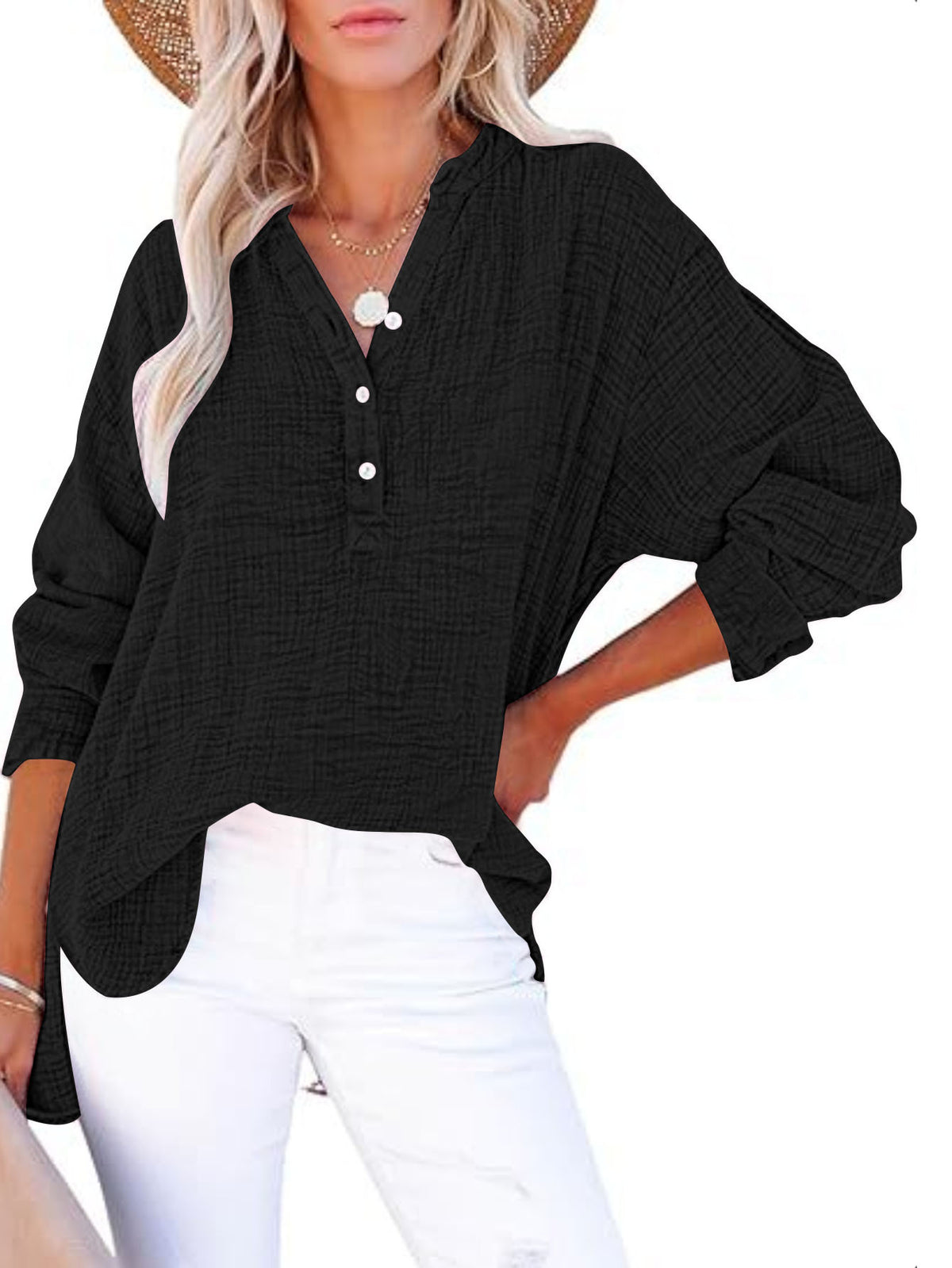 Women's Casual V-Neck Long Sleeve Blouse - Loose Fit Textured Cotton Henley Shirt For Summer – Premium 4 | RICALOUX
