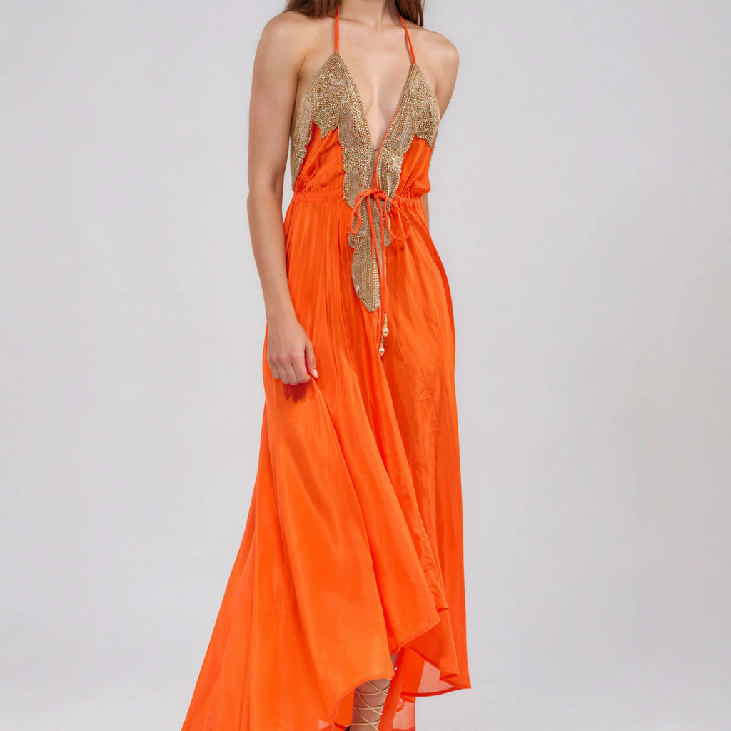 Embroidered Halterneck Drawstring Dress For Women by Ricaloux