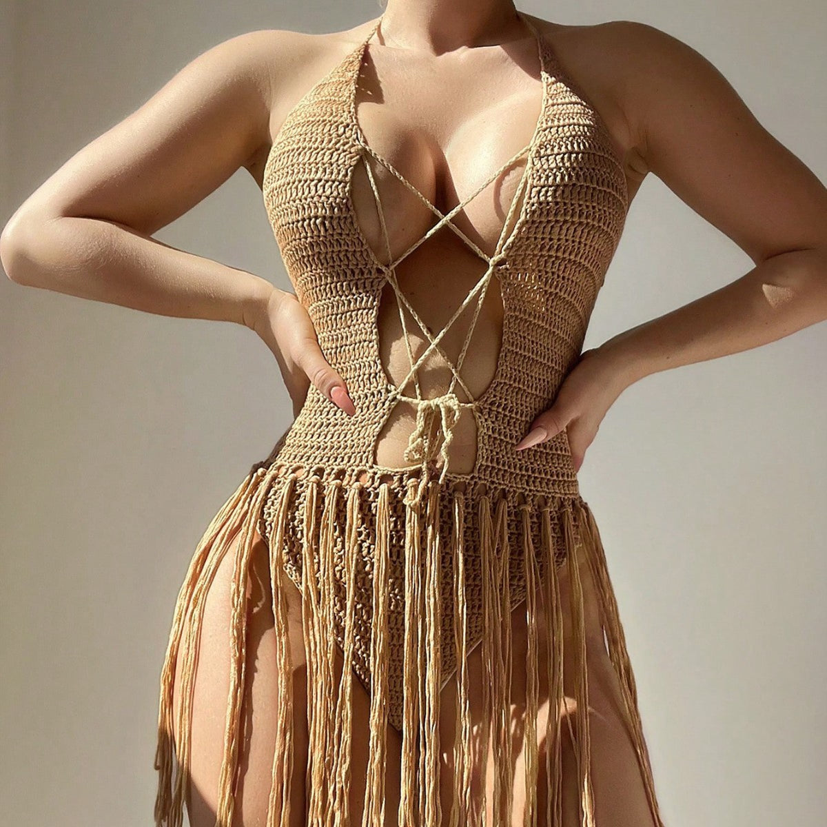 Knitted Strap Design Tassel Backless Bikini Skirt by Ricaloux