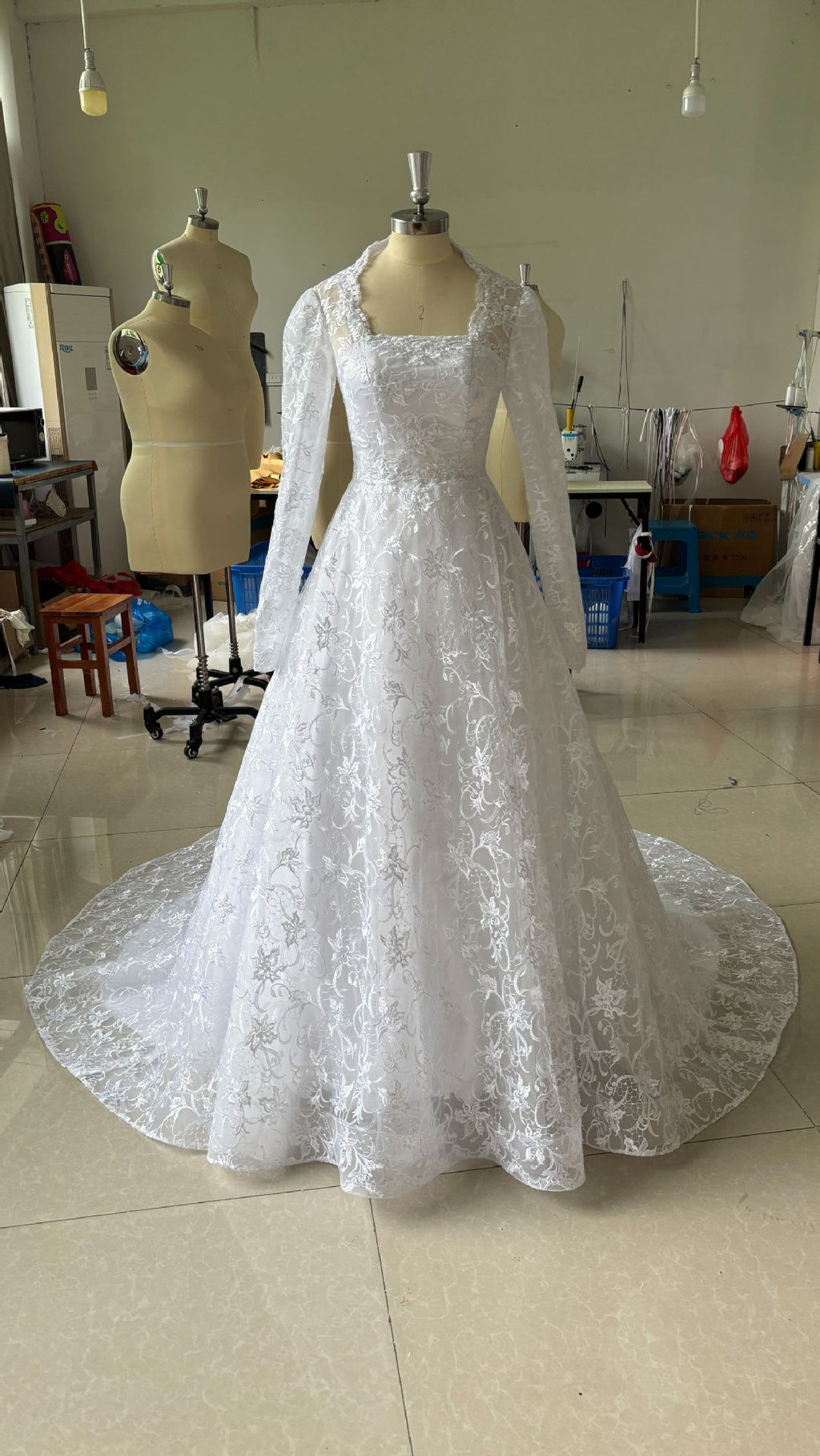 Embroidered Long Sleeve Trailing Wedding Dress - RICALOUX