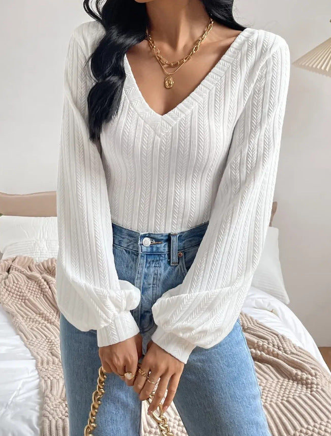 Womens Casual Knitted V-neck Long-sleeve Top – Premium 0 | RICALOUX