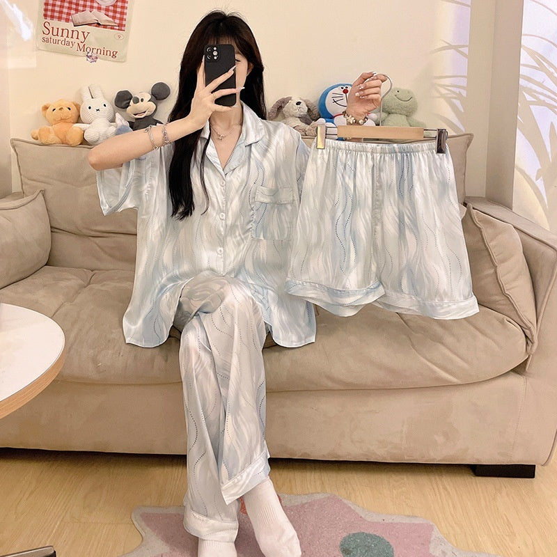 Womens Summer High-End Ice Silk Short-Sleeve Pajama Set 3 Pieces – Premium 0 | RICALOUX