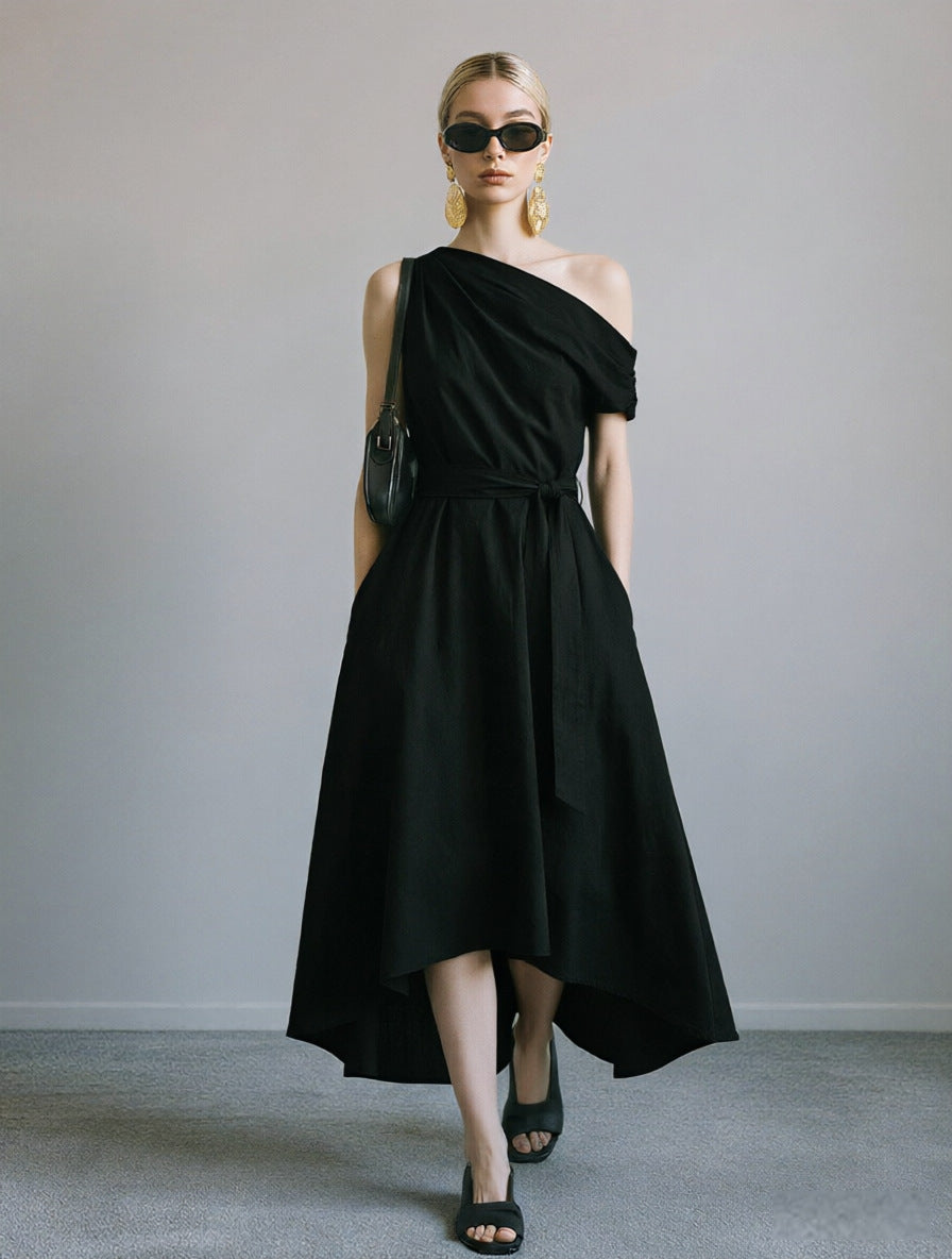 Irregular Hem Off-the-shoulder Waist-cinching Lace-up Elegant Womens Dress – Premium 0 | RICALOUX