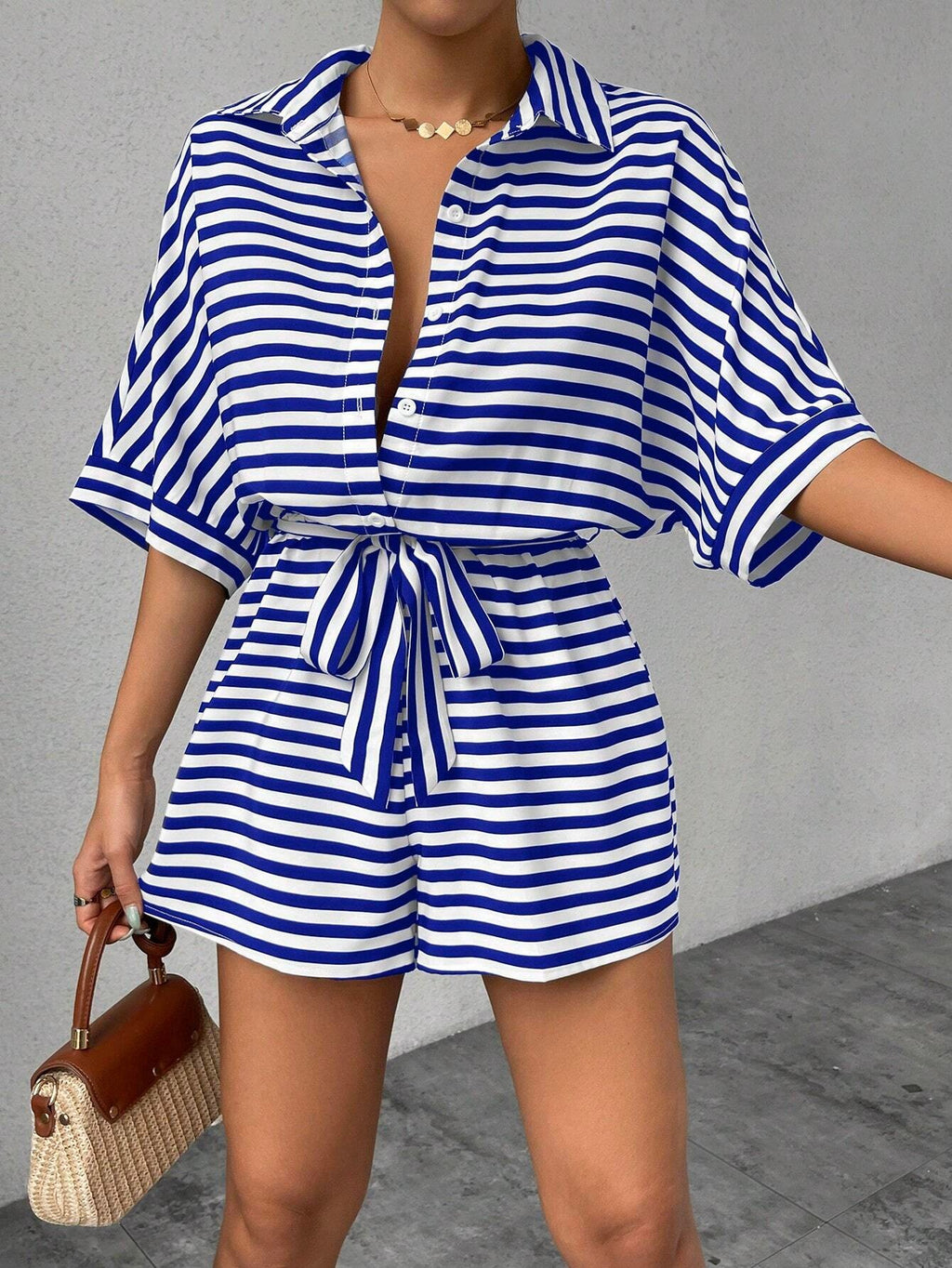Women's Short Sleeve Striped Short Jumpsuit, Button Front Design With Waist Belt – Premium 4 | RICALOUX