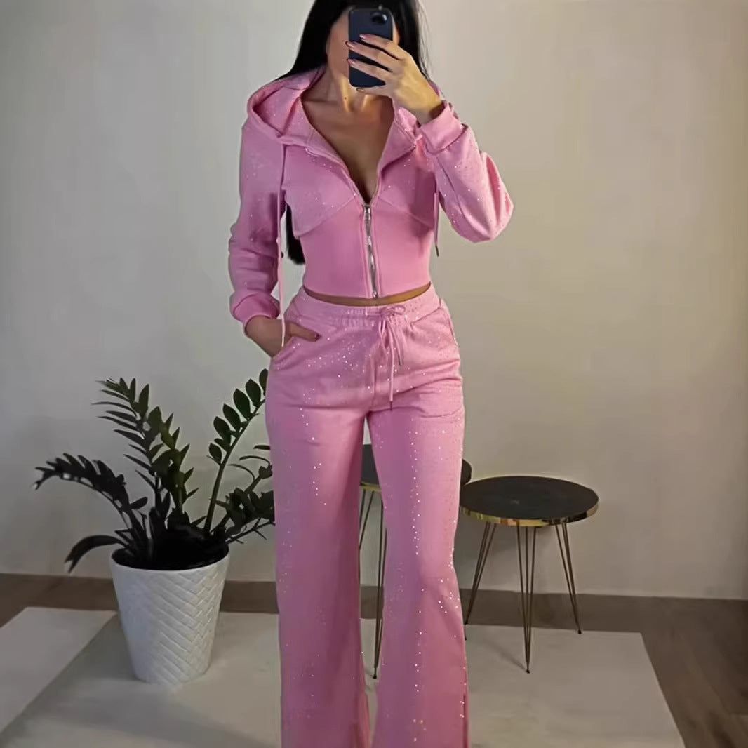 Womens Y2K Rhinestone-studded Hooded Sweatshirt And High-waisted Slim-fit Sweatpants – Premium 0 | RICALOUX