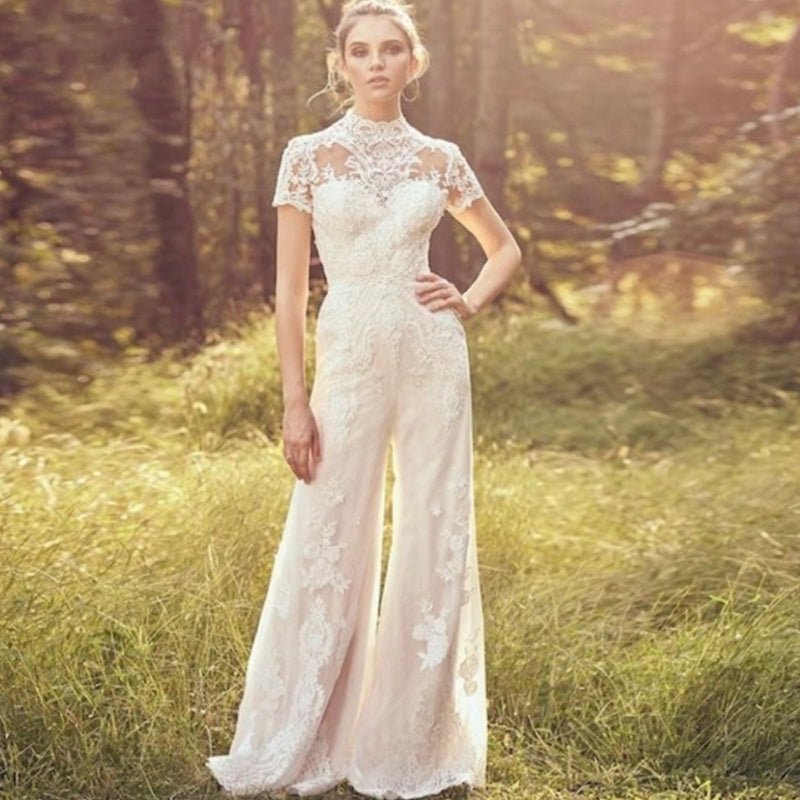 Bride Pants Suit Wedding Bridal Gowns Short Sleeve Jumpsuit - RICALOUX