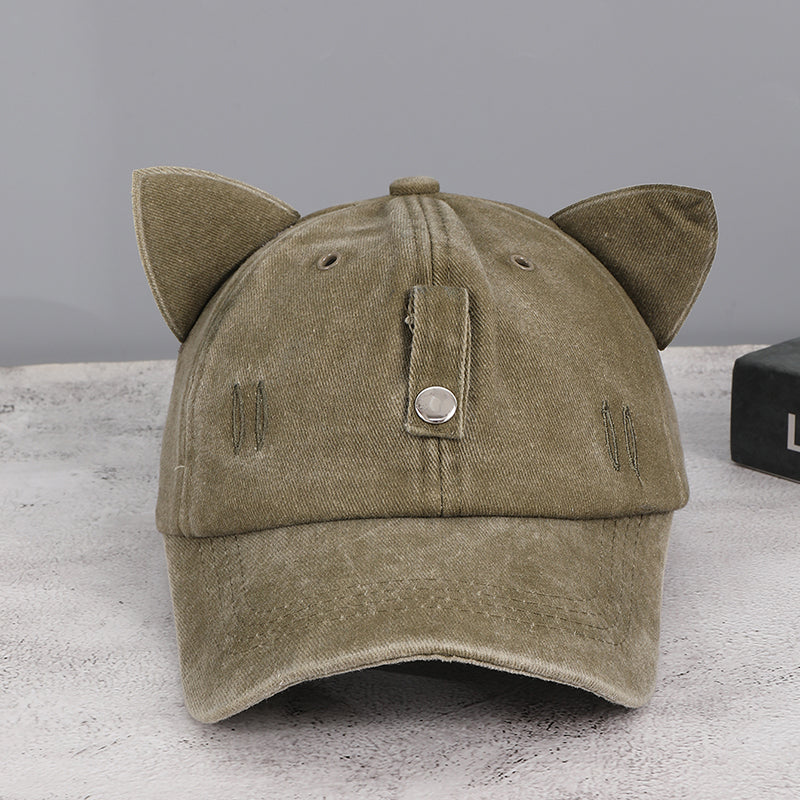 Washed And Distressed Three-dimensional Cat-ear Cat Whiskers Hole Baseball Cap, Sweet And Cool Street Style Daily Sun Protection – Premium 4 | RICALOUX