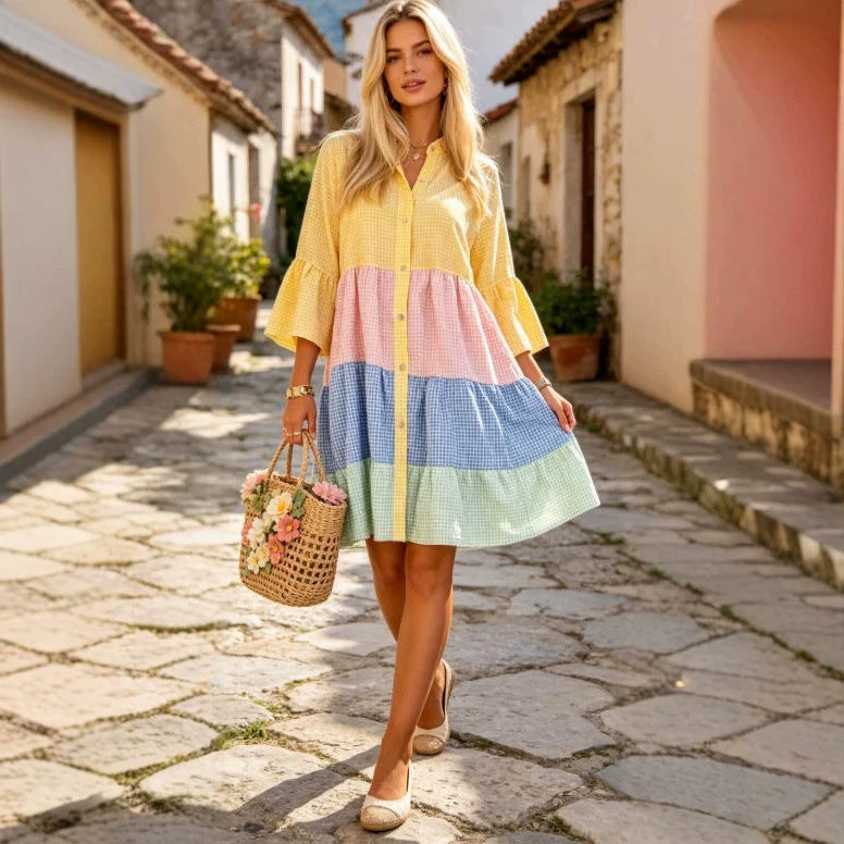 Color-block Plaid Patchwork Shirt Dress Loose-fitting With Flared Sleeves And A Tiered Cake Skirt – Premium 0 | RICALOUX