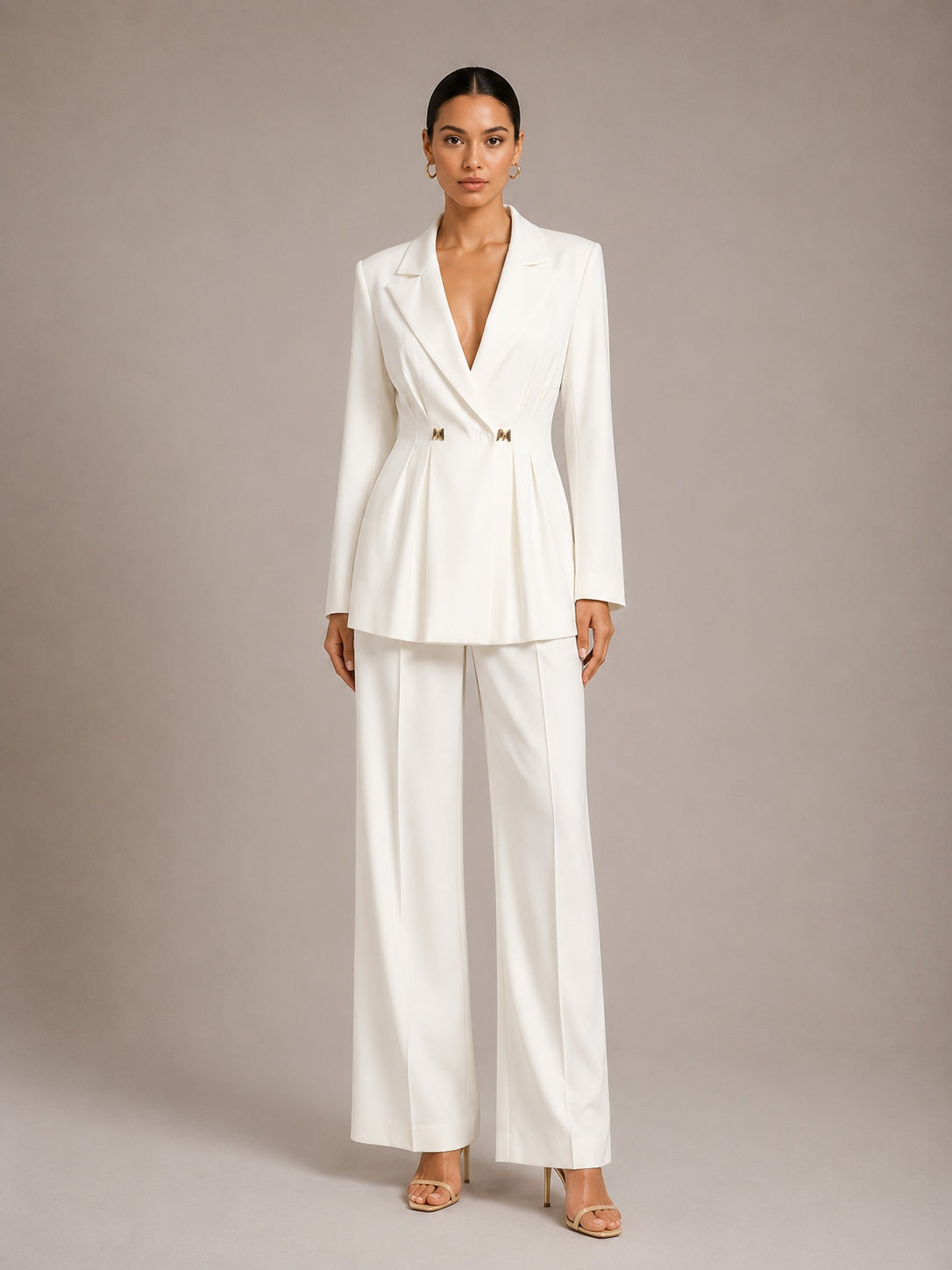 Solid-color Long-sleeve Fitted Blazer & High-waisted Straight-leg Trousers Set by Ricaloux