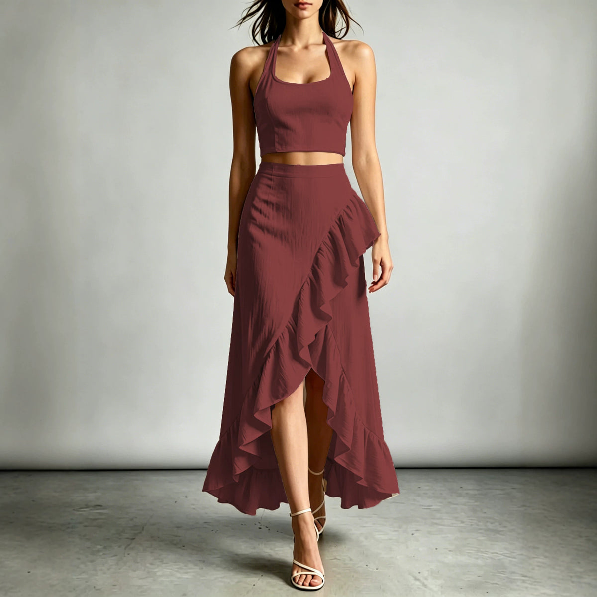Womens Cropped Top With A High-waisted Ruffled Skirt by Ricaloux