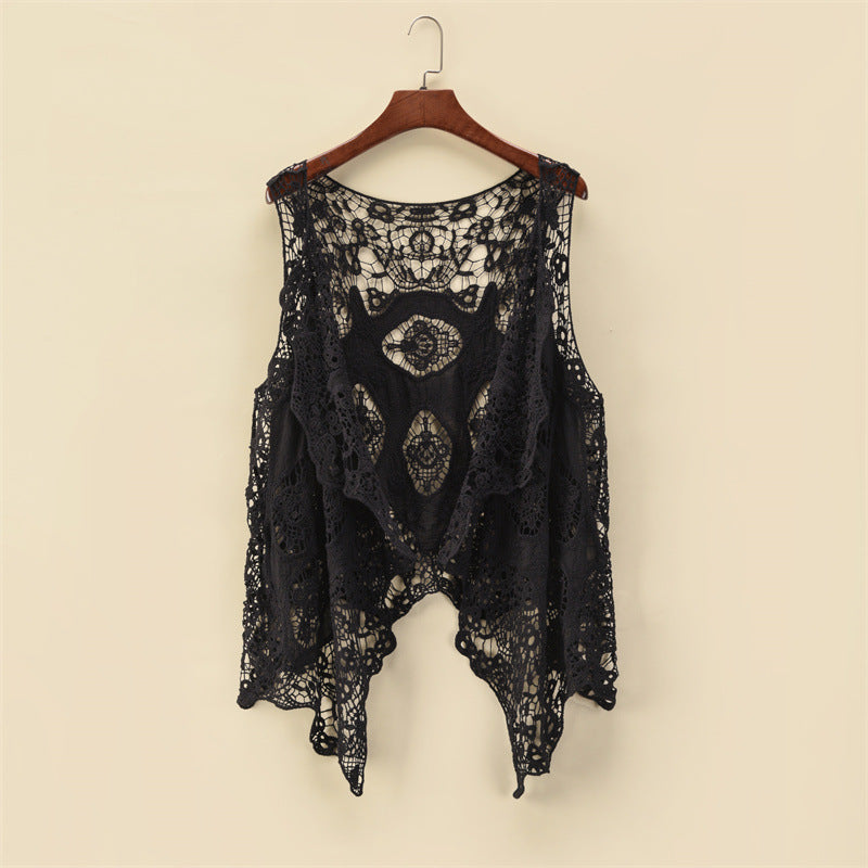 Womens Solid-color Thin Sleeveless Lace Jacket by Ricaloux