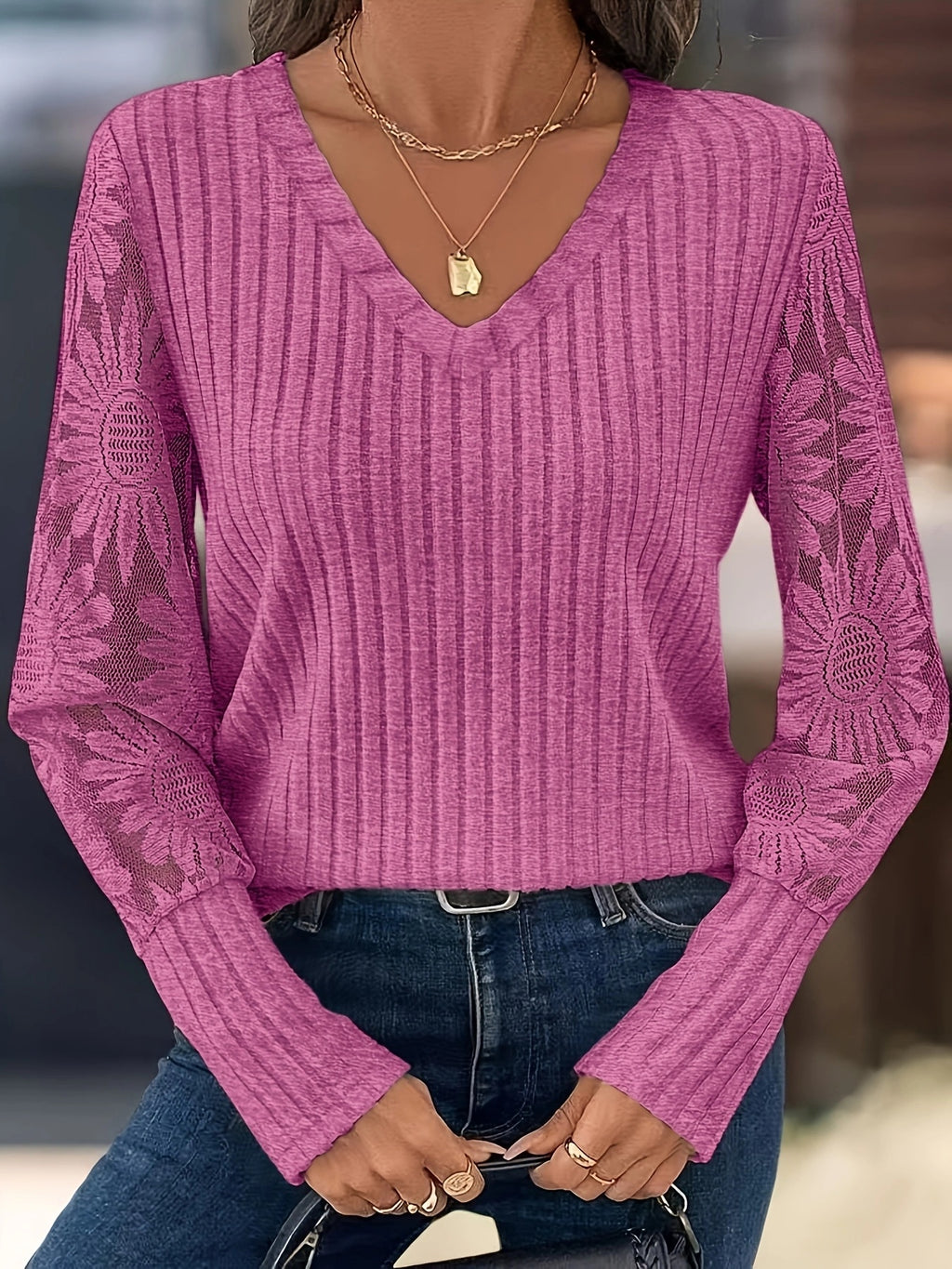 Knitted Patchwork Lace Long-sleeved Top by Ricaloux