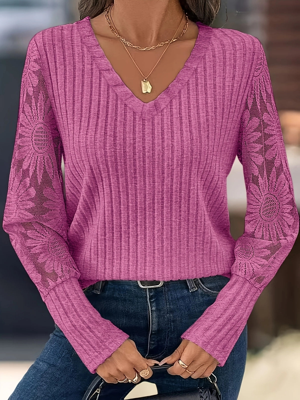 Knitted Patchwork Lace Long-sleeved Top by Ricaloux