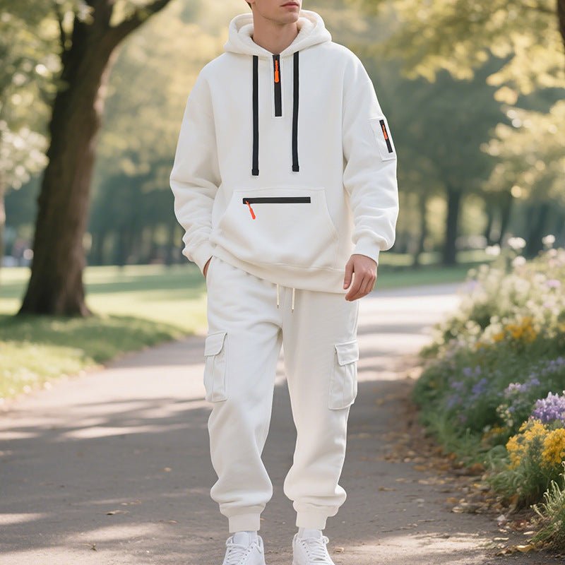 Men's Loose Sports And Leisure Suit Sweater Fleece-lined Hoodie Set Zipper Multi-Pocket Pullover Men's Sports Casual Top Two-piece Set - RICALOUX