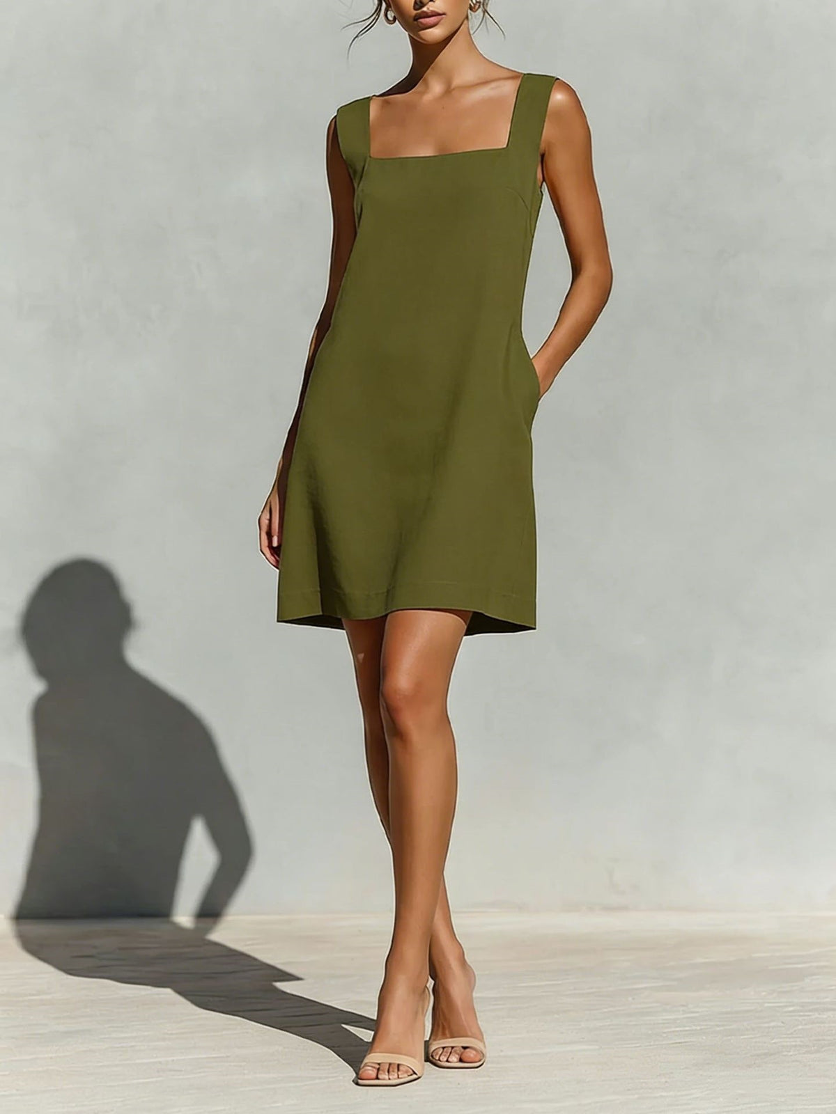 Summer Minimalist Square-neck Pocketed Solid-color Loose-fit Sleeveless Dress by Ricaloux