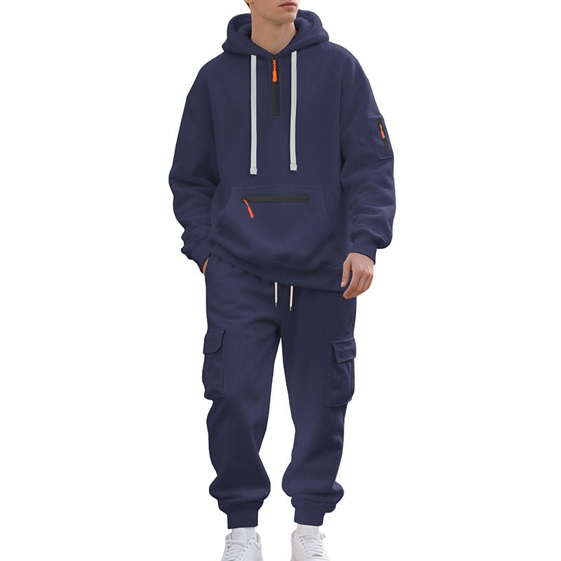 Men's Loose Sports And Leisure Suit Sweater Fleece-lined Hoodie Set Zipper Multi-Pocket Pullover Men's Sports Casual Top Two-piece Set - RICALOUX