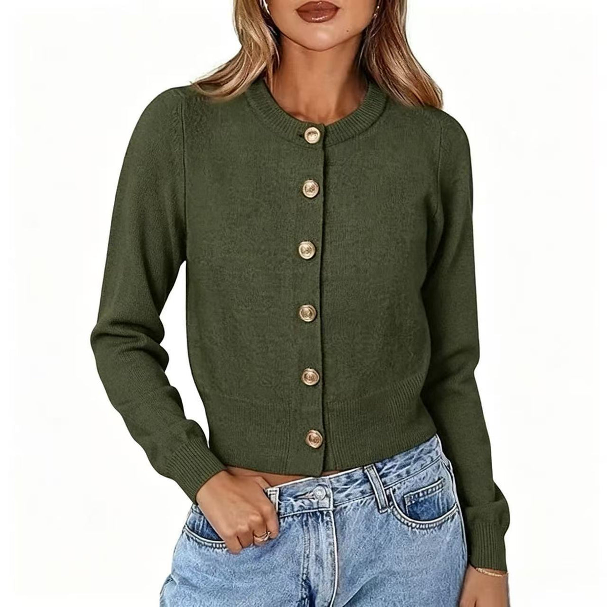 Autumn Casual Crew-neck Single-breasted Long-sleeve Cropped Knit Cardigan – Premium 0 | RICALOUX