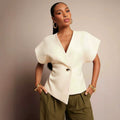 Solid-color Textured Woven Asymmetric-hem Single-button Vest by Ricaloux