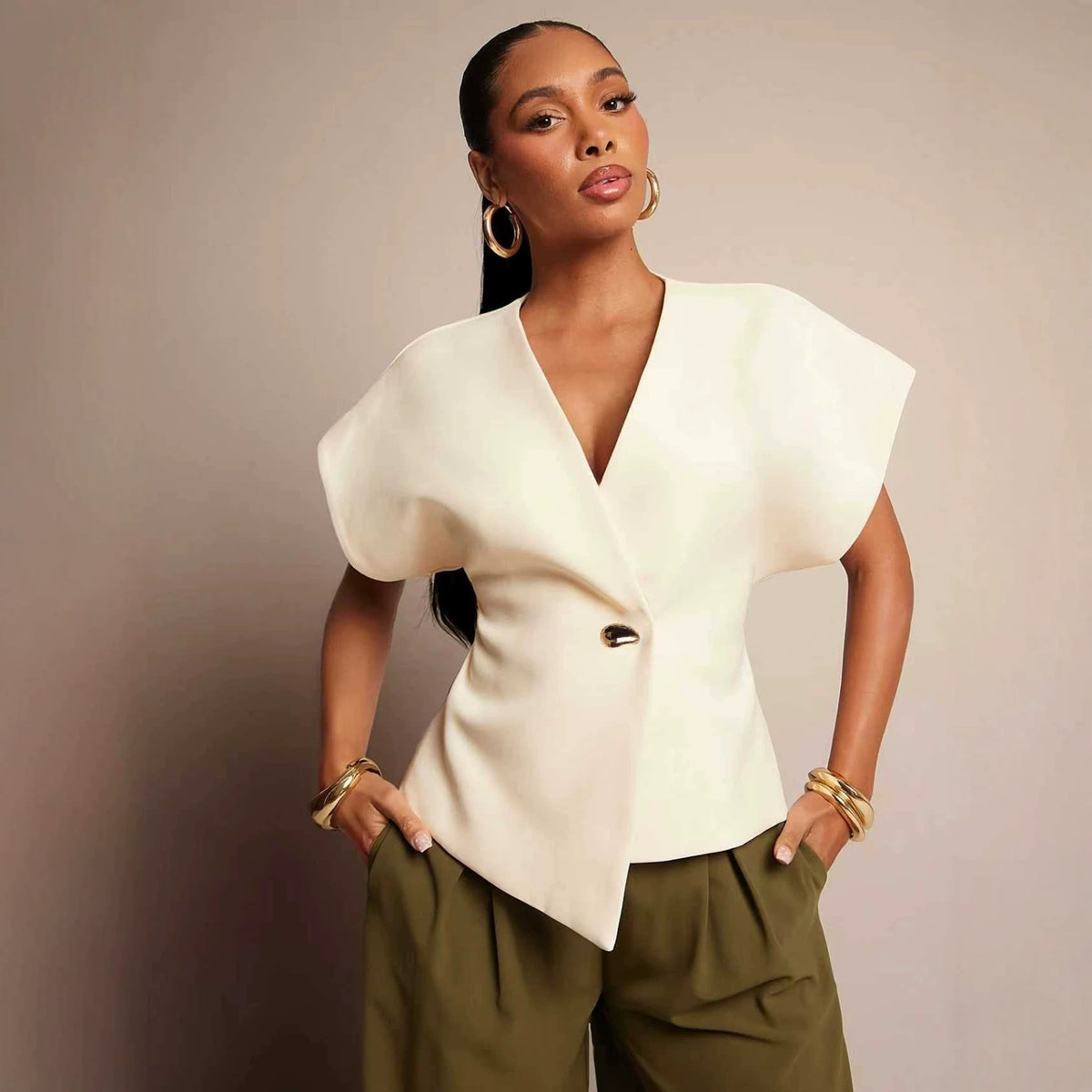 Solid-color Textured Woven Asymmetric-hem Single-button Vest by Ricaloux