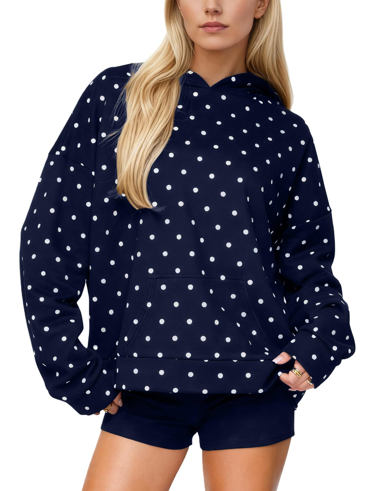 Womens Polka-dot Print Loose-fitting Sweatshirt With A Hood by Ricaloux