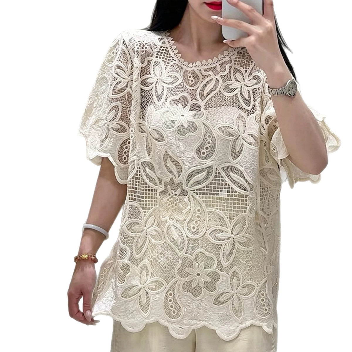 Design-focused Round-neck Lace Chanel-style Womens Top by Ricaloux