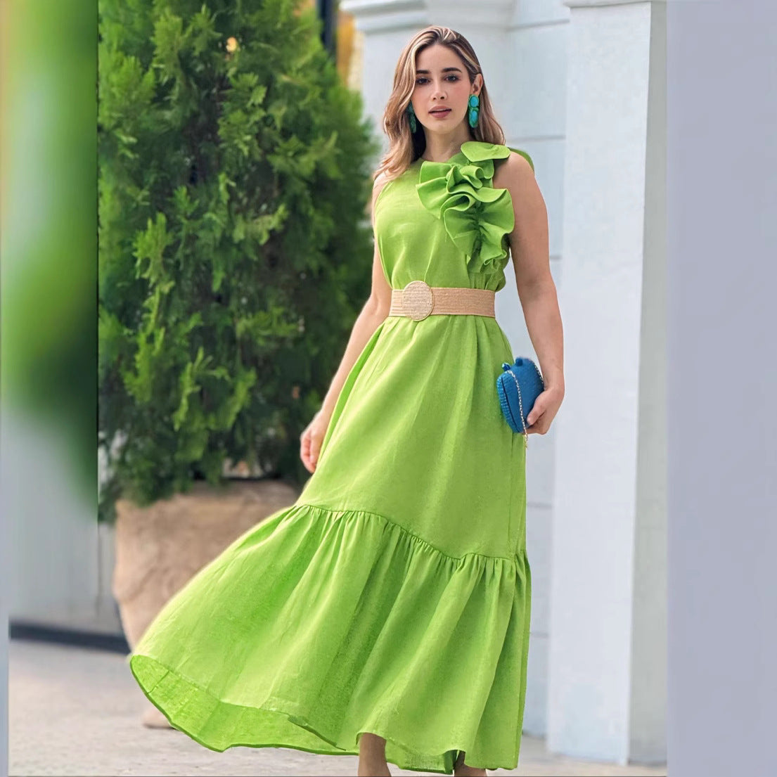 Ruffled-Trim Round-Neck Sleeveless Fashionable Casual Dress – Premium 0 | RICALOUX