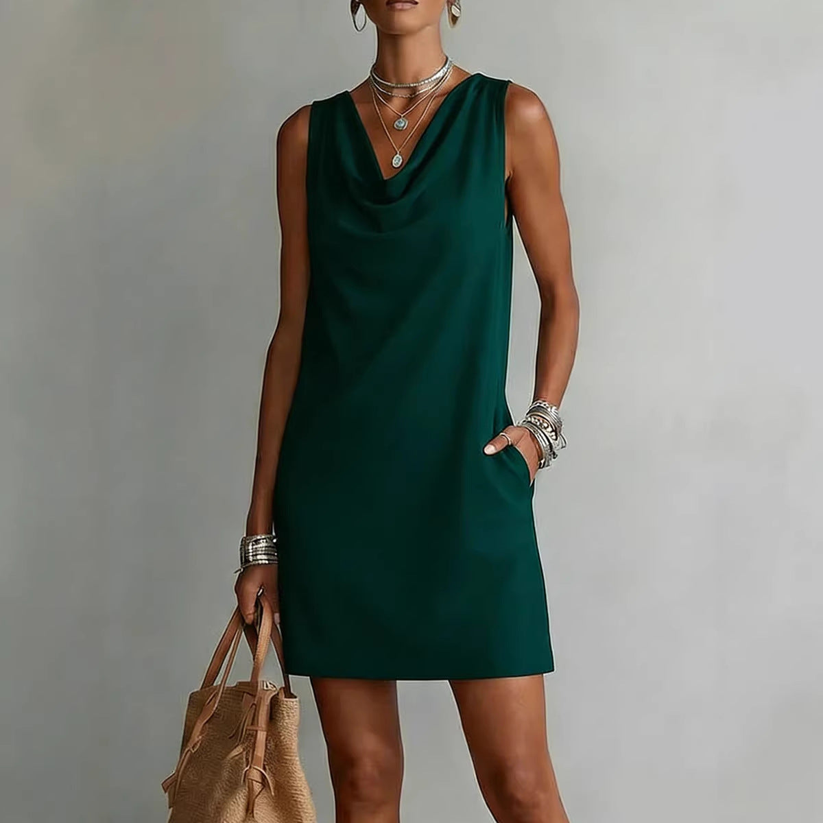 Summer Sleeveless Dress With Draped Neckline Design Slim Fit Evening Party Club Beach Dresses by Ricaloux