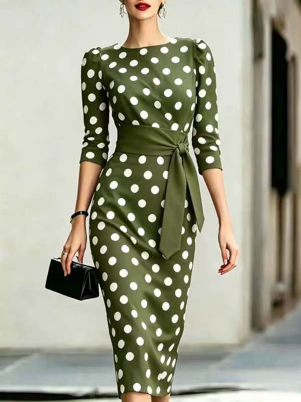 Women Elegant Black White Polka Dot Midi Dress With Waist Belt Three-Quarter Sleeve O Neck Pencil Bodycon Formal Work Office Party Dress by Ricaloux