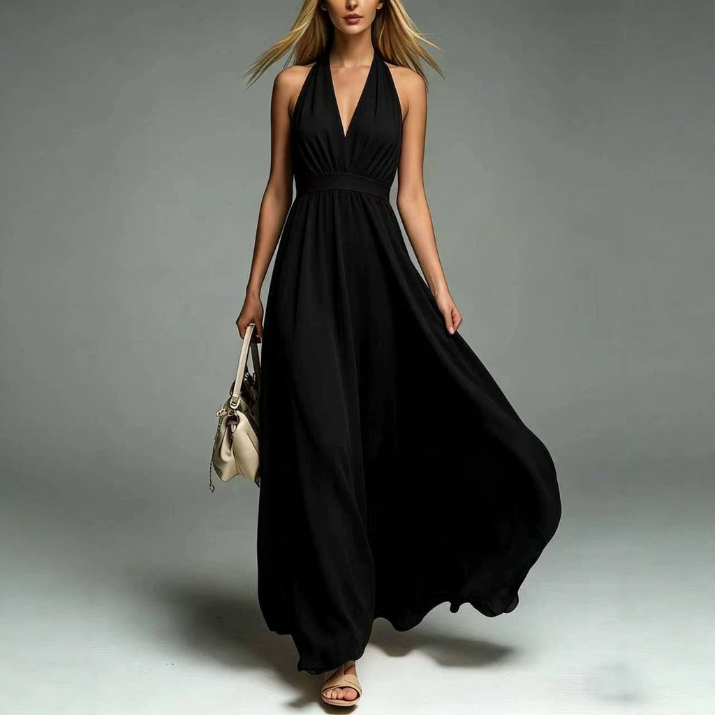 Womens New Solid-color V-neck Sleeveless Waist-cinching Dress – Premium 0 | RICALOUX