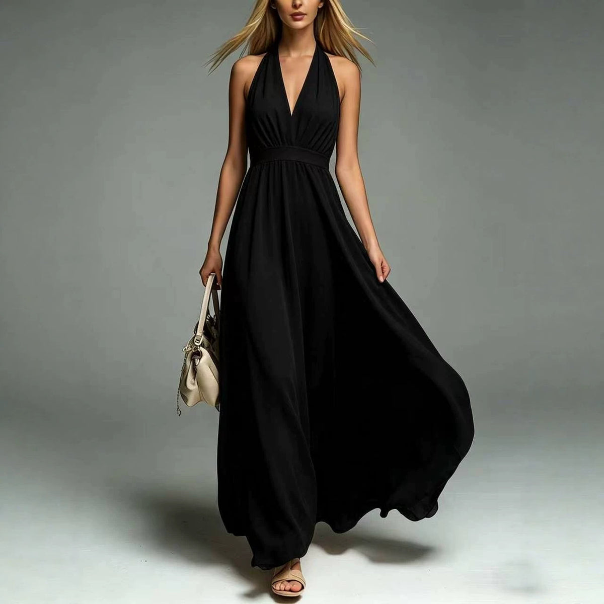 Womens New Solid-color V-neck Sleeveless Waist-cinching Dress – Premium 0 | RICALOUX
