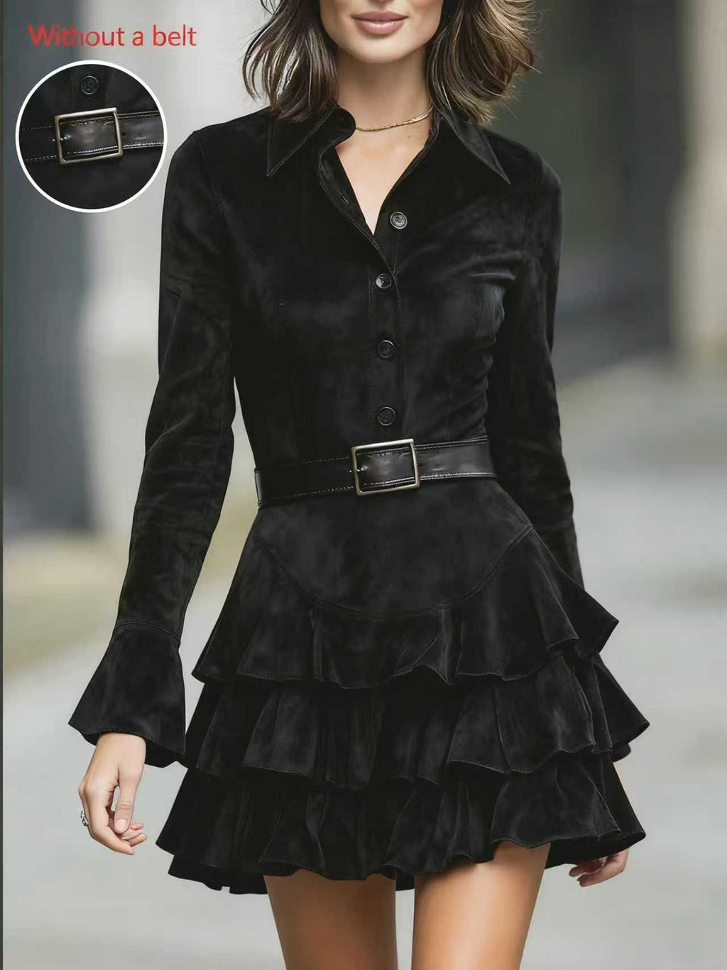 Womens Slim-Fit Solid-Color Suede Ruffled Long-Sleeve Shirt Dress – Premium 0 | RICALOUX
