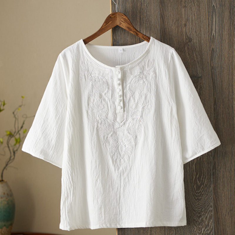 Womens Artistic Solid-Color Embroidered Cotton-Linen Top by Ricaloux