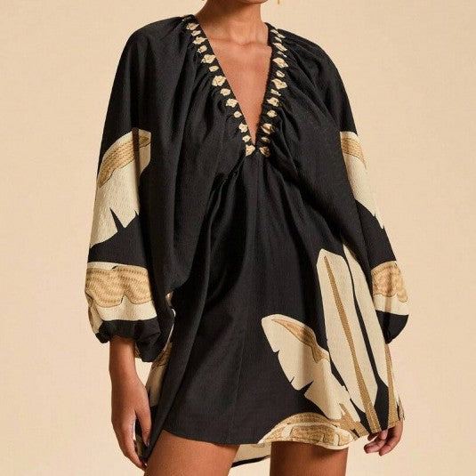 Womens Short Printed Long-Sleeve V-Neck Dress by Ricaloux