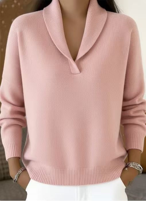 Fashionable Solid-color V-neck Long-sleeve Loose-fit Pullover by Ricaloux