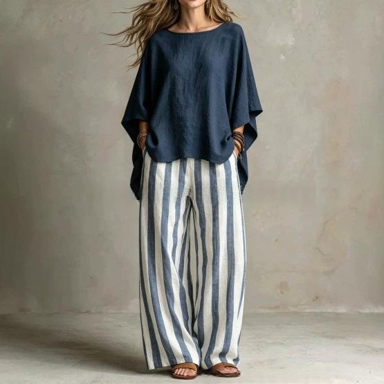 Womens Striped Pants And Cotton-Linen Top Set With Batwing Sleeves – Premium 0 | RICALOUX