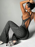 Women's Leopard Print Crisscross Back Seamless One-Piece Yoga Jumpsuit For Fitness & Sports by Ricaloux