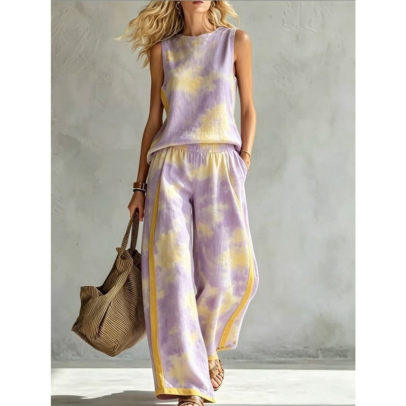 New-style Rainbow Tie-dye Sleeveless Crew-neck Top And Wide-leg Pants Womens Casual Two-piece Set – Premium 0 | RICALOUX