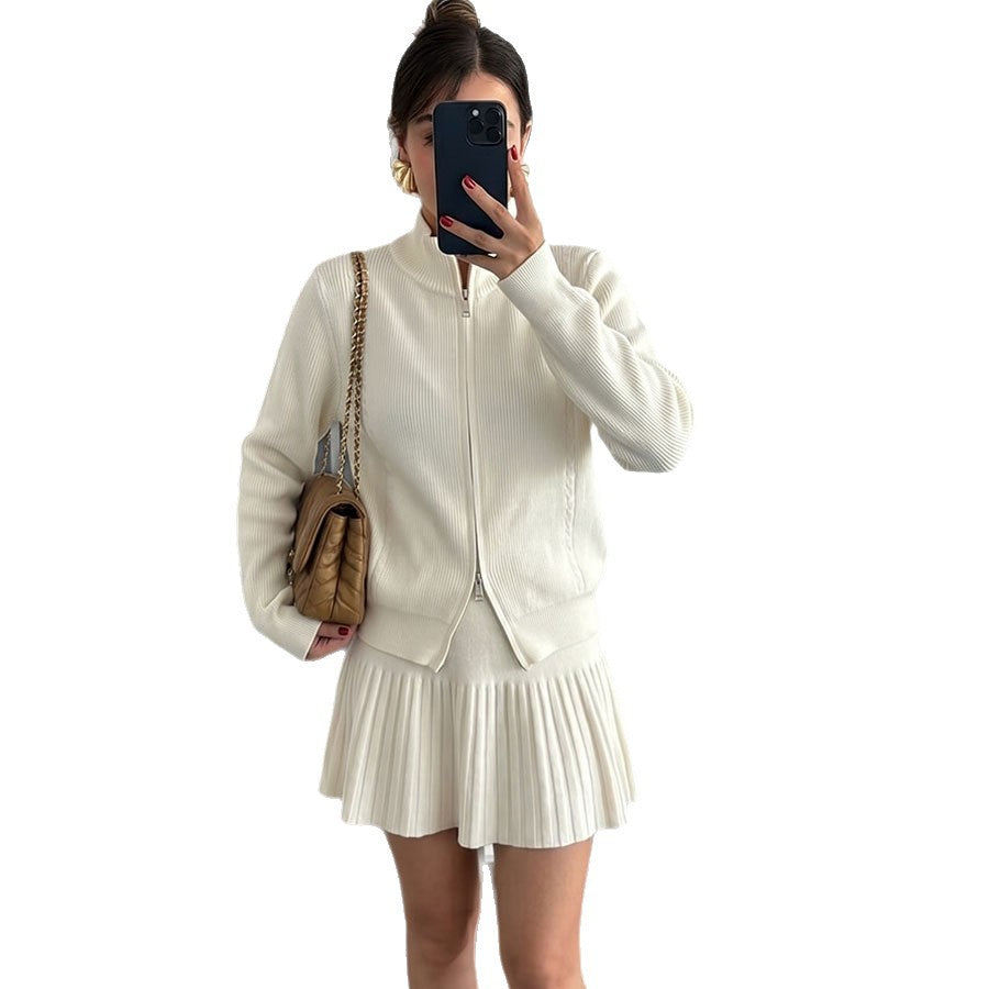 Womens Zip-up Cardigan And Pleated Knit Skirt Set by Ricaloux