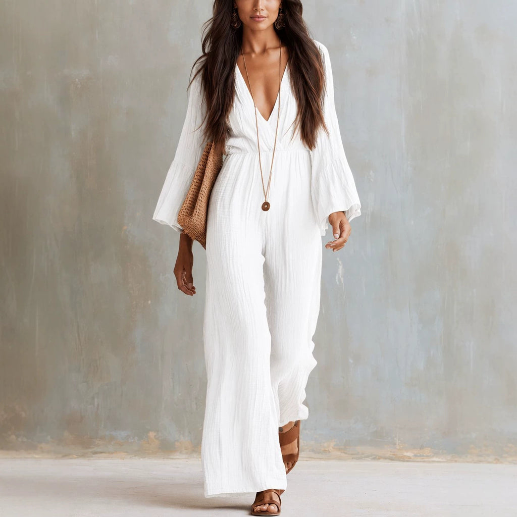 Womens Long-sleeve V-neck Bohemian-style Elastic-waist Jumpsuit by Ricaloux