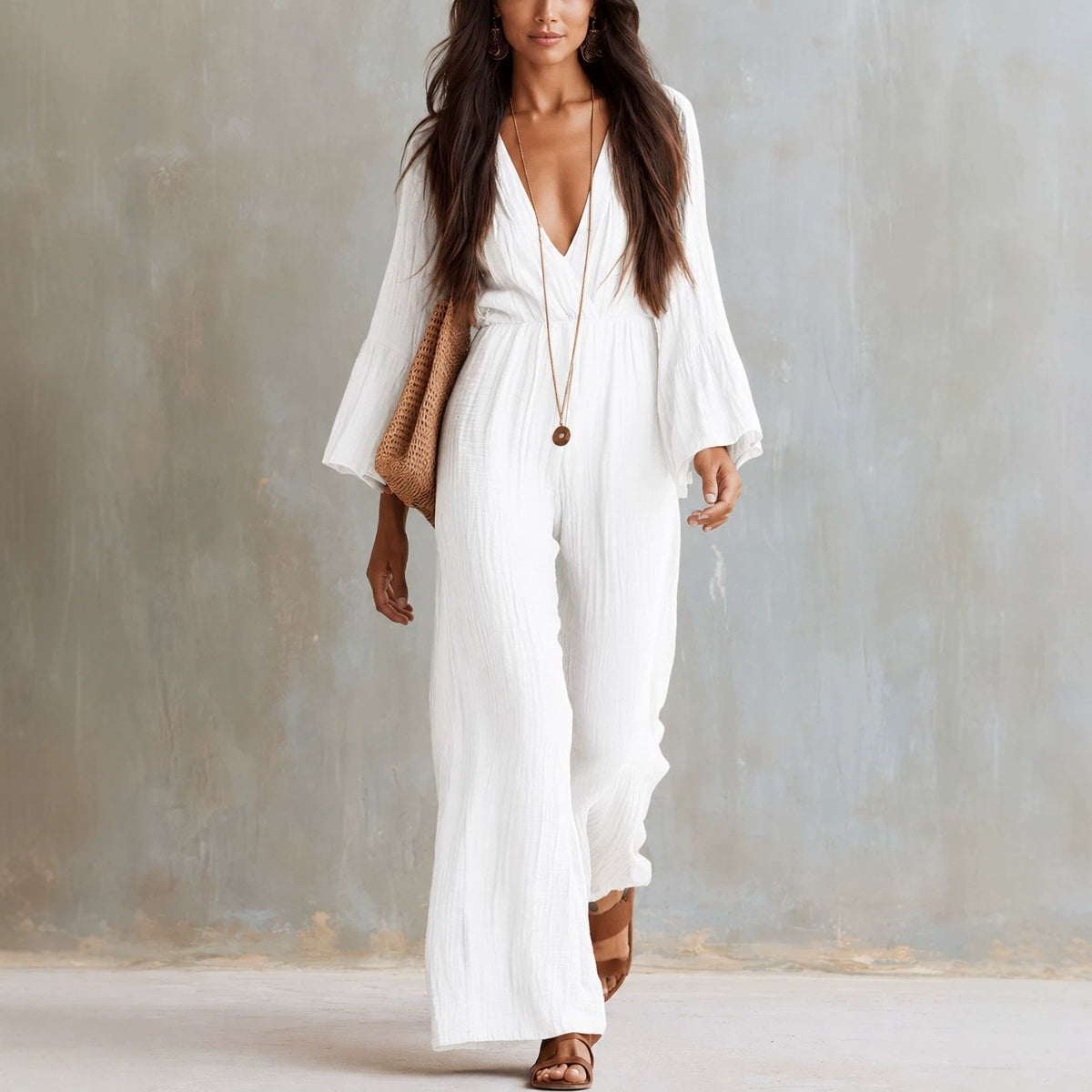 Womens Long-sleeve V-neck Bohemian-style Elastic-waist Jumpsuit by Ricaloux