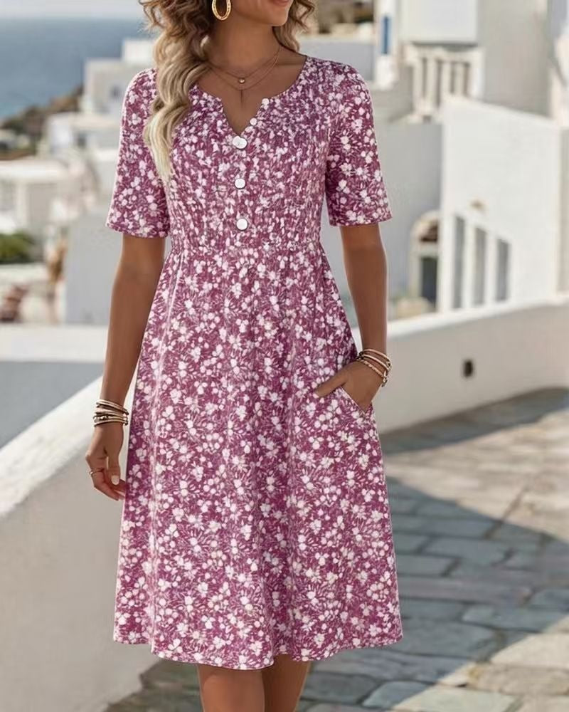 Womens Floral Print V-Neck Midi Dress With Short Sleeves – Premium 0 | RICALOUX