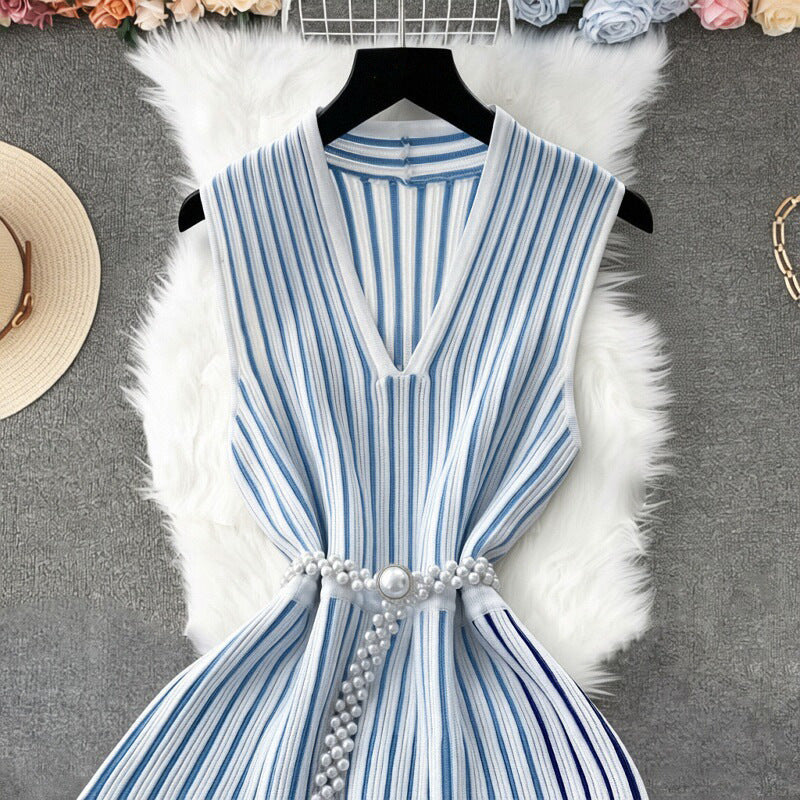 Womens Outfit Pearl-decorated Waist Belt With A Knitted Vest Dress by Ricaloux