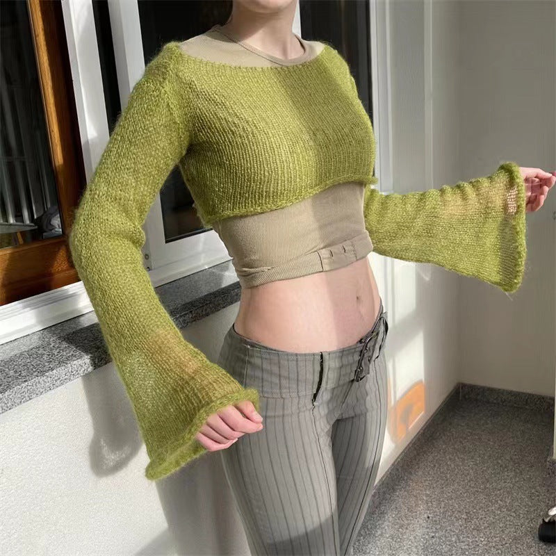 Lantern-sleeve Loose Round-neck Hollow-out Knit Sweater by Ricaloux