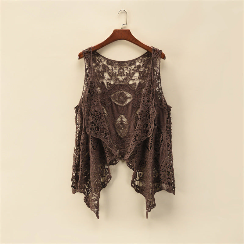 Womens Solid-color Thin Sleeveless Lace Jacket by Ricaloux