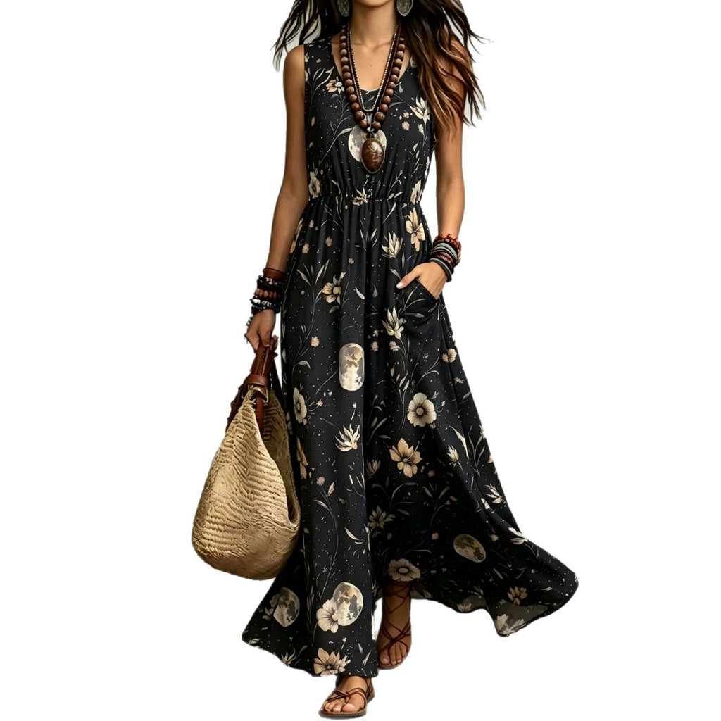Elegant Sleeveless Printed Long Dress With Pockets by Ricaloux