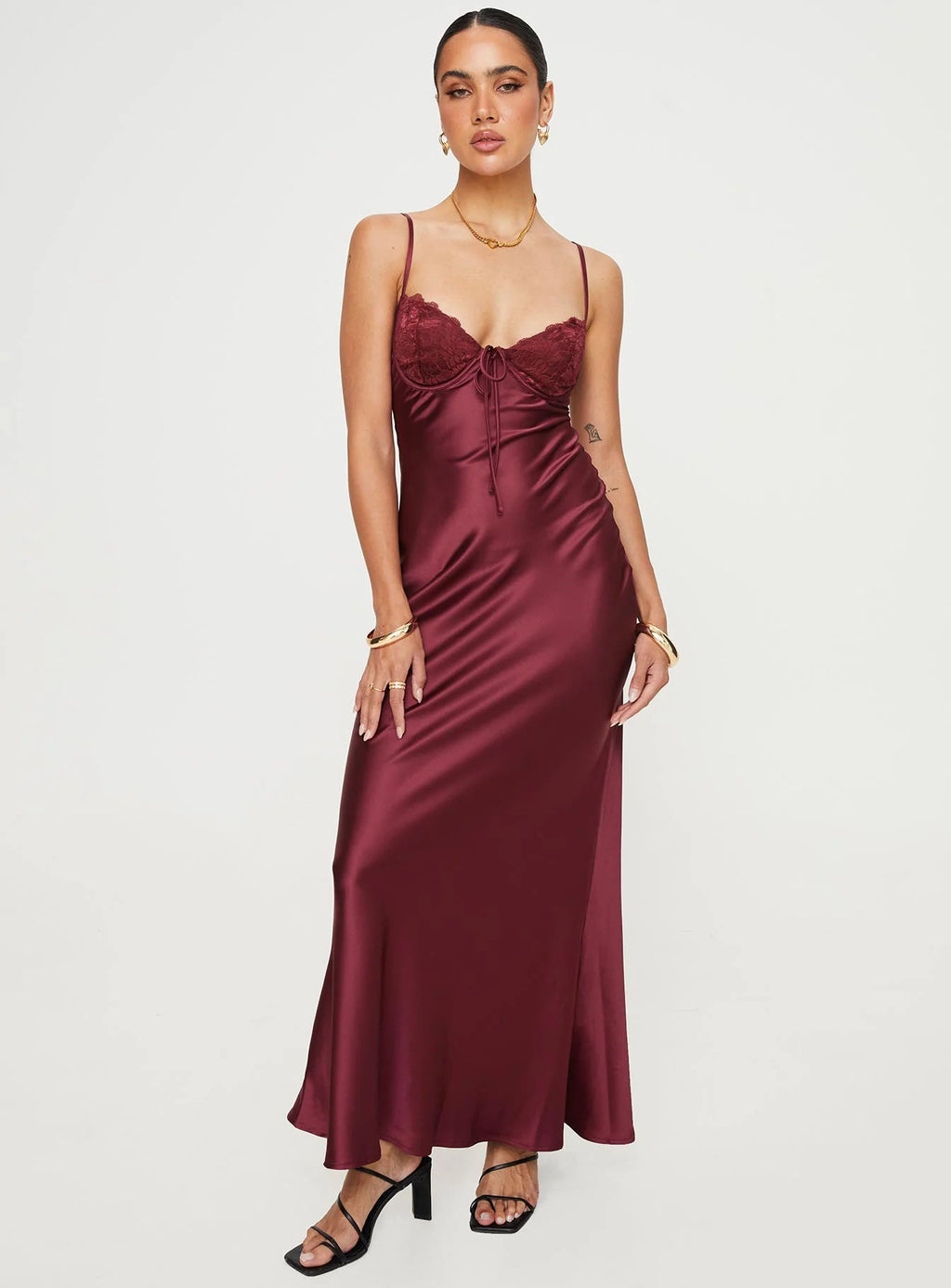 V-neck Waist-cinched Backless Lace And Satin Patchwork Slip Dress by Ricaloux